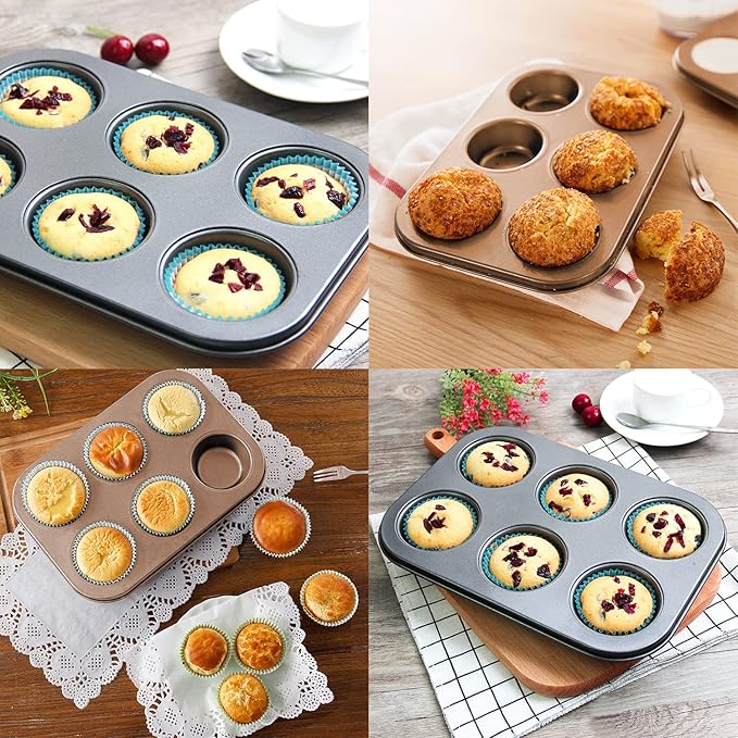Muffin Tins 6-Cups Nonstick Carbon Steel Standard Cupcake Pans, Set of 2