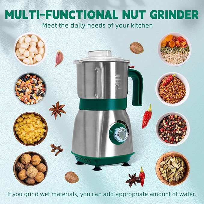 Spice Grinder Electric,Herb Nut Grinder for Kitchen,Detachable Espresso Grinder with Stainless Steel Blades,Filter and Brush, 500w Dry and Wet Grain Mill for Coffee,Rice,Bean,Seasoning(Green)