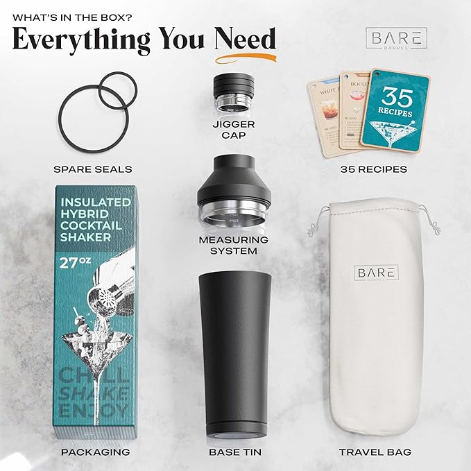 Insulated Cocktail Shaker Set | Double Wall Stainless Steel | Martini Shaker for Home Bar Bartending | Built-in Drink Measurement System & Strainer, Travel Bag, 35 Recipes | Gift Set (Matt Black)