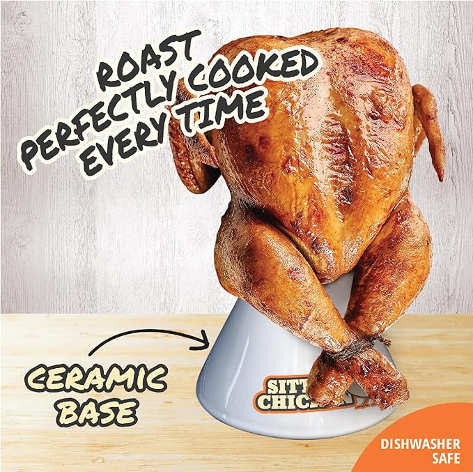 Sittin' Chicken Ceramic Beer Can Steamer & Roaster-Easily Infuse Marinade & Sauce Flavors Into Your Meat- Wide Ceramic Base for Oven or Grill Use- Durable & Reusable for Xmas Dinner & Holiday Parties