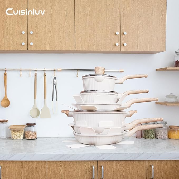 Pots and Pans Set Non Stick, 17Pcs Kitchen Cookware Sets, Granite Stone Induction Cookware Non Stick Cooking Set w/Frying Pans, Saucepans, Sauté Pan (PFOA Free), Cream White