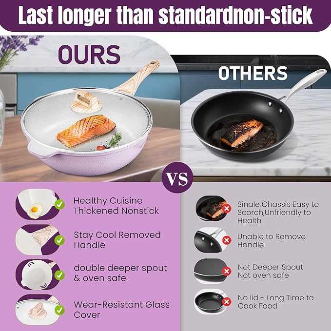 AOSION 12 Inch Nonstick Ceramic Deep Frying Pan,5.5QT Sauté Pan with lid,Large Skillet with Steam Rack,Healthy Jumbo Cooker,Stay Cool Handle,Induction Compatible, PFOA & PFAS Free. (PURPLE)