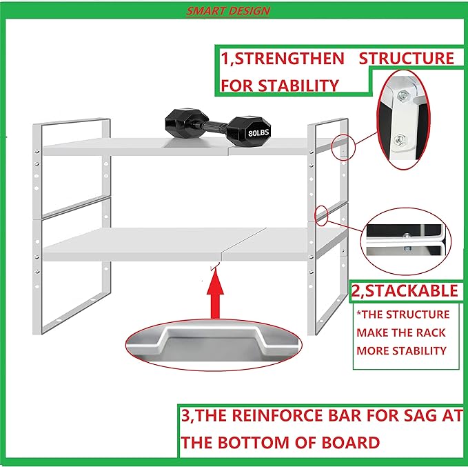 Expandable Stackable Spice Rack Cabinet Shelf Organizer in Cabinets Shelves Kitchen Cupboard Organization Stack up Racks Pantry Countertop Storage Medium/White 1 Pack