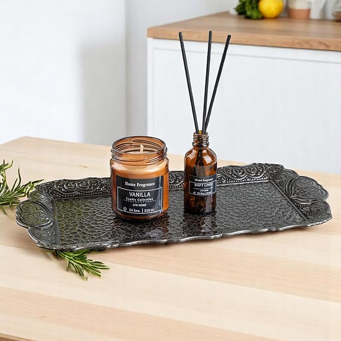 Alisveristime Small Ornate Metal Serving Tray – Ottoman Motif Decorative Tray (14.2" x 7.1", 10.8 oz) (Black)