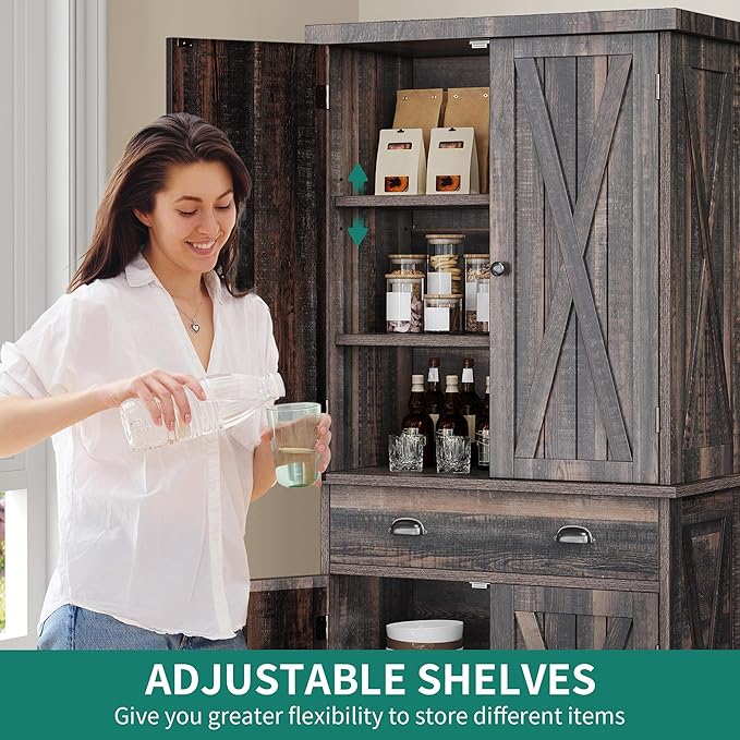 YITAHOME 72'' Tall Kitchen Pantry Cabinets, Farmhouse Storage Cabinets with Barn Doors, Drawer ＆ Adjustable Shelves, Rustic Wood Cupboard for Dining Room, Living Room, Gray Rustic