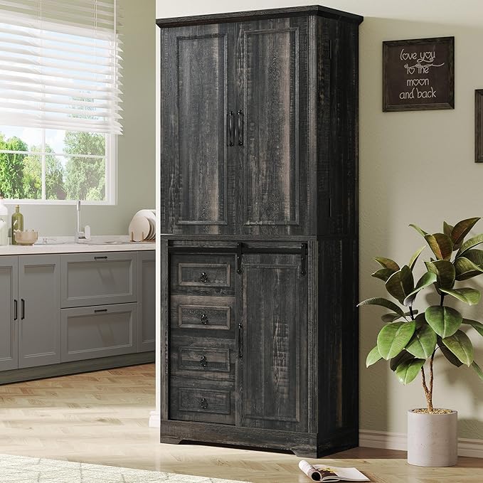 DWVO Kitchen Pantry Storage Cabinet with Barn Door, Tall Storage Cabinet with 4 Drawers and Adjustable Shelves, Versatile Storage for Living Room, Dining Room or Hallway, Drak Oak