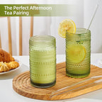 16oz Hobnail Drinking Glasses Set of 12, Vintage Large Capacity Embossed Green Tumblers, Highball Glasses for Water, Cocktail, Beer, Whiskey, Juice & Bar Use