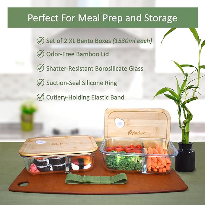 Large Glass Bento Box Containers with Bamboo Lids, 3 Compartment Glass Meal Prep Container Set (2 Pack, XL) - 100% Plastic Free, Eco-Friendly Lunch Containers, Bento Boxes for Adults