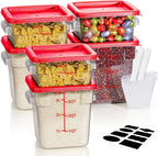 2QT4QT NSF Food Storage Containers: 6PCS [Food Grade][Hot&Cold Resistant] Commercial Clear Food Storage Containers with Lids for Restaurant Kitchen Proof Dough, Measuring Spoons Included(Red)