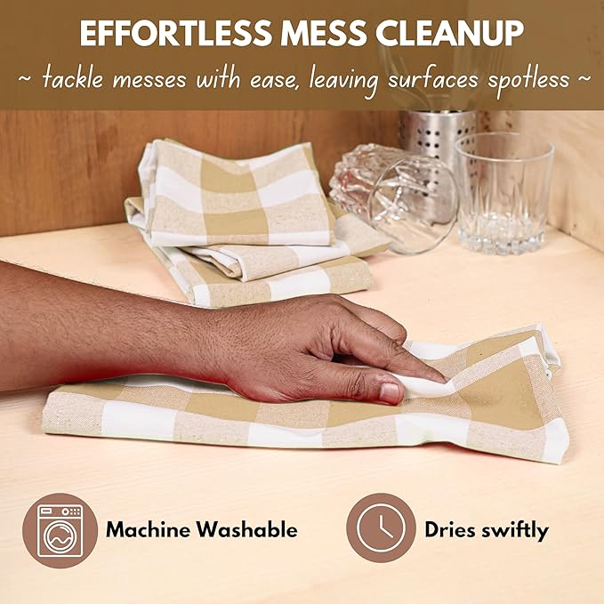 Native Fab 4 Pack Buffalo Check Kitchen Towel 16"x26" - Cotton Dish Towels Washable - Absorbent Tea Towels, Soft Hand Towel with Hanging Loop, Dish Cloth Set - Beige White