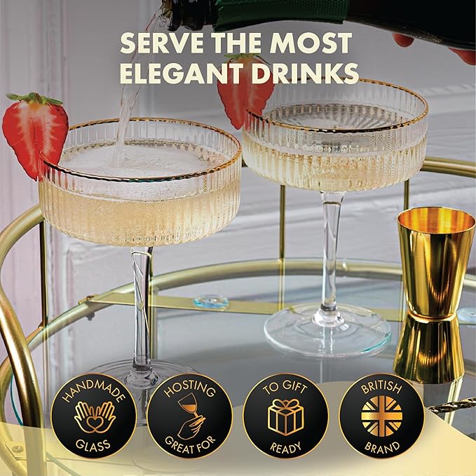 VEMACITY - Luxury Gold Cocktail Shaker Set - 15oz Glass Shaker with Strainer, 2 Gold-Rim 10oz Ribbed Martini Glasses and Bar Tools - Wedding Gift and Gift Sets