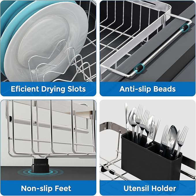 MAJALiS Expandable in Sink Dish Drying Rack - Adjustable Capacity (11.3''-17''L) Stainless Steel Over Sink Dish Drainers Rack for Kitchen Sink with Utensil Holder, Silver