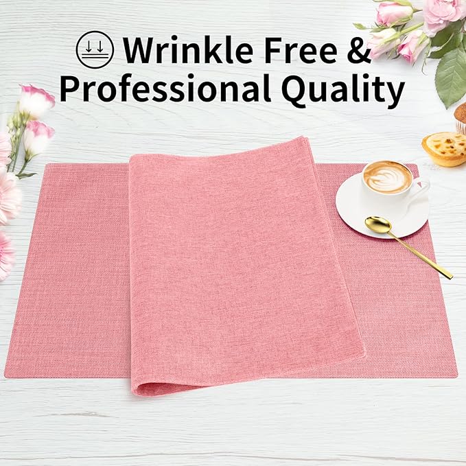 Cloth Placemats, Set of 6 Heat-Resistant Cotton Linen Blend Double Layered Machine Washable Place Mats, Wrinkle Free Thick Fabric Dining Table Mats for Indoors & Outdoors (Baby Pink, 6)
