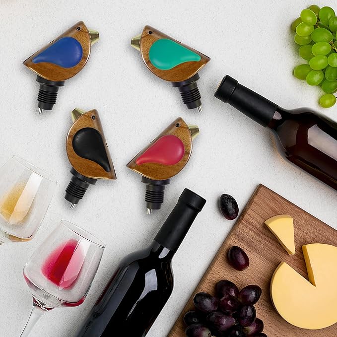 Wine Bottle Pourer, Fun Wine Pourer Spout Sings While It Pours, Airtight Wine Bottle Sealer, Acacia Wood with Turquoise Wings