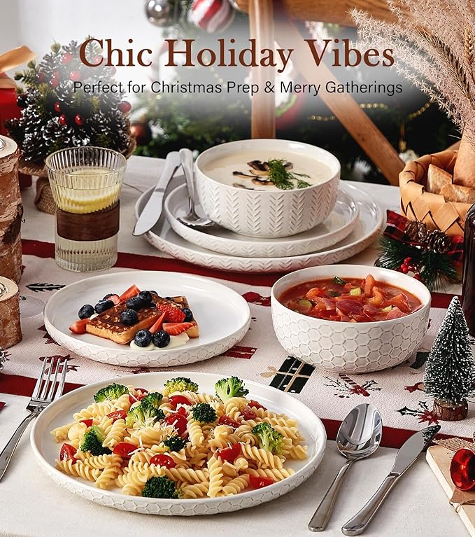 24 Piece Dinnerware Sets for 8 - Farmhouse Style Stoneware Plates and Bowls Sets - Scratch Resistant & Dishwasher Safe, Embossed Boho Ceramic Dish Set, Stack Compactly Dishware - Vintage White