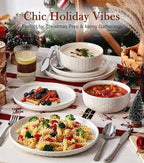 24 Piece Dinnerware Sets for 8 - Farmhouse Style Stoneware Plates and Bowls Sets - Scratch Resistant & Dishwasher Safe, Embossed Boho Ceramic Dish Set, Stack Compactly Dishware - Vintage White