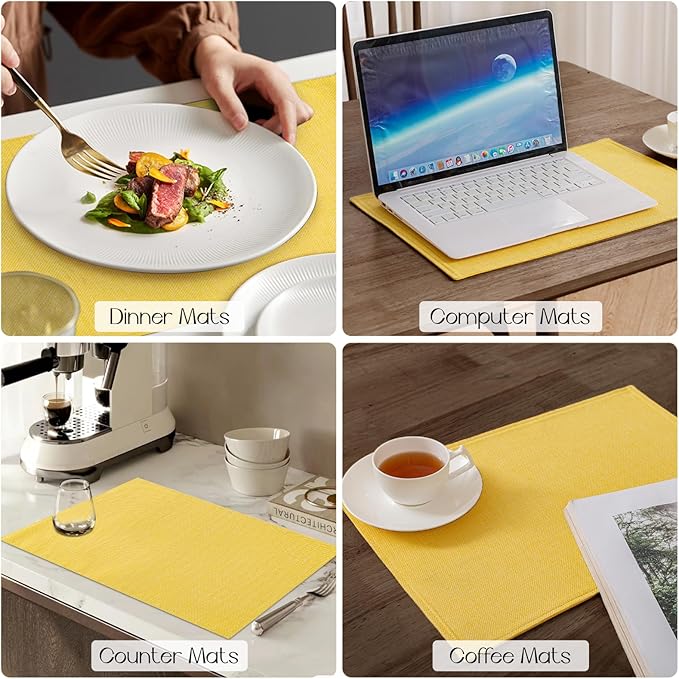 Romanstile Cloth Placemats Set of 6-12 x 18 Inch, Heat Resistant Double Layered Thickened Burlap Place Mats, Washable Faux Linen Farmhouse Table Mats for Kitchen/Dining/Party/Outdoor, Yellow