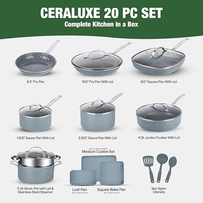 Granitestone Ceraluxe 20 Pc Ceramic Cookware Set Nonstick, Complete Pots and Pans Set Non Stick for Kitchen with Bakeware, Utensils & Steamer, Non Toxic Made Without PFOA PFOS, Oven & Dishwasher Safe