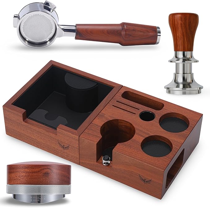 Breville Espresso Machine Accessories Kit 54mm – Bottomless Portafilter, Calibrated Tamper, Distributor, Rosewood Tamping Station & Knock Box | Espresso Bar Essentials