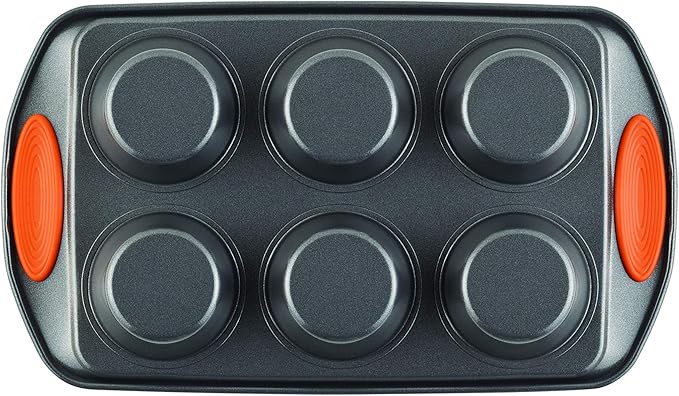 Rachael Ray Yum-o! Nonstick Bakeware Oven Lovin’ Cups Muffin Pan, 6-Cup, Gray with Orange Handles