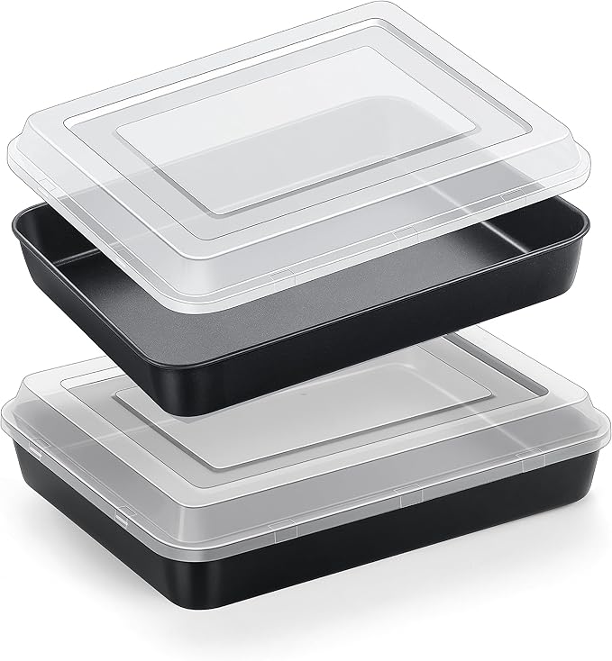 E-far Baking Pan with Lid, 10.5 x 8.3 x 2 Inch Nonstick Rectangle Stainless Steel Cake Pan Sheet for Toaster Oven, Black Bakeware for Cakes Brownies Casseroles, Non-toxic & Healthy, Set of 2