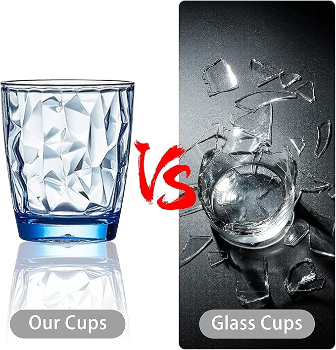 Topsky 10 oz Plastic Water Tumblers | Set of 4 Transparent Unbreakable Drinking Glasses Clear Acrylic Reusable Juice Wine Cups for Home Picnic Party, Dishwasher Safe, Stackable (Blue)