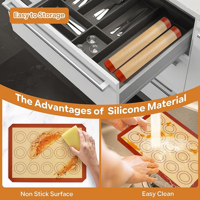P&P CHEF 11.6 Inch Silicone Baking Mats, 2 Pcs Reusable Silicone Oven Mat, Non Stick Baking Supplies for Macaroon Pastry Bread Dough Cookie, Fits Well with Sheet Pan, Healthy & Easy Clean