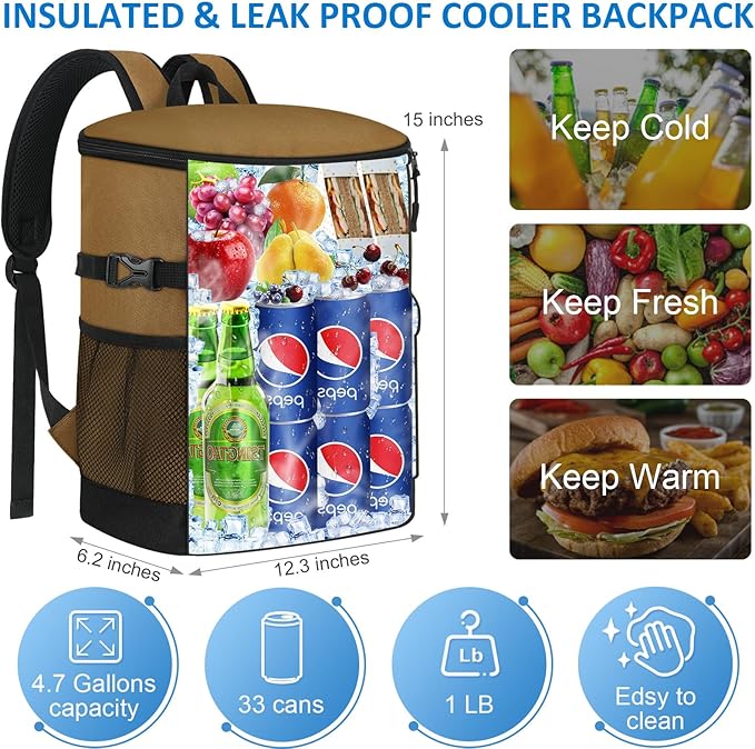 Cooler Backpack 33 Cans Backpack Coolers Insulated Leak Proof Soft Beach Cooler Bag for Men Women Ice Chest Backpack Camping Hiking Picnic Travel Cooler Lunch Backpack