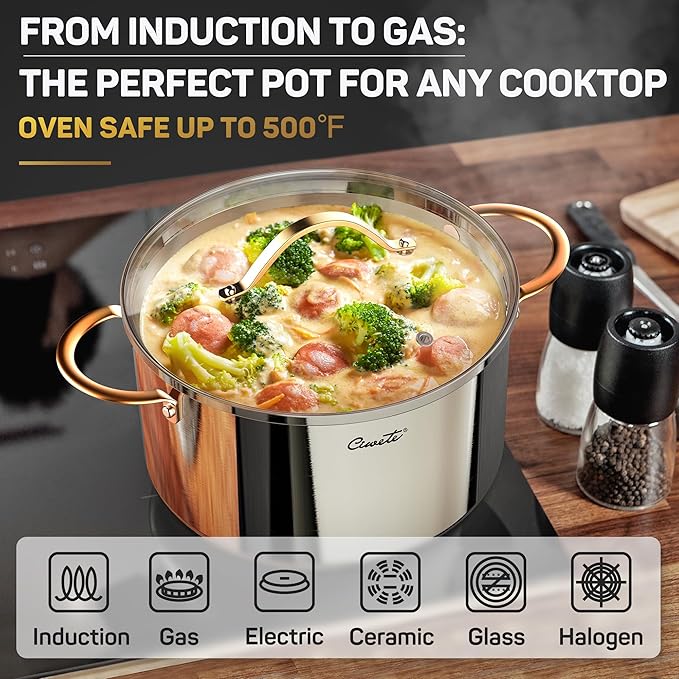 Stock Pot 12 Quart, 18/10 Tri-Ply Stainless Steel All Clad Stock Pot with Lid, Seamless 12 QT Cooking Pot with Copper Handle, Healthy Stockpots, Induction, Gas, Oven and Dishwasher Safe