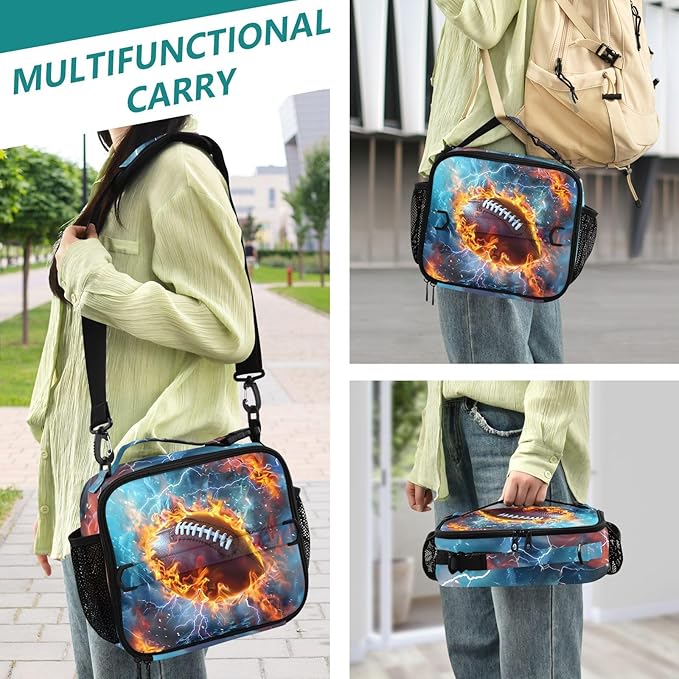 American Football Lunch Bag for Teens Boys Cool Insulated Lunch Box with Adjustable Shoulder Belt Cooler Bag for Sports Travel Camping College