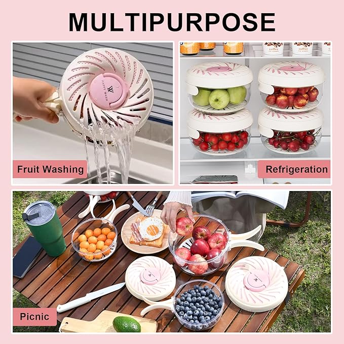 2 Pcs, Fruit Washing Bowl with Strainer, fruit strainer container with lid, Portable Fruit Colander with Collapsible Handle, Strawberries Container Salad Stir for Kitchen Picnic, Large & Small