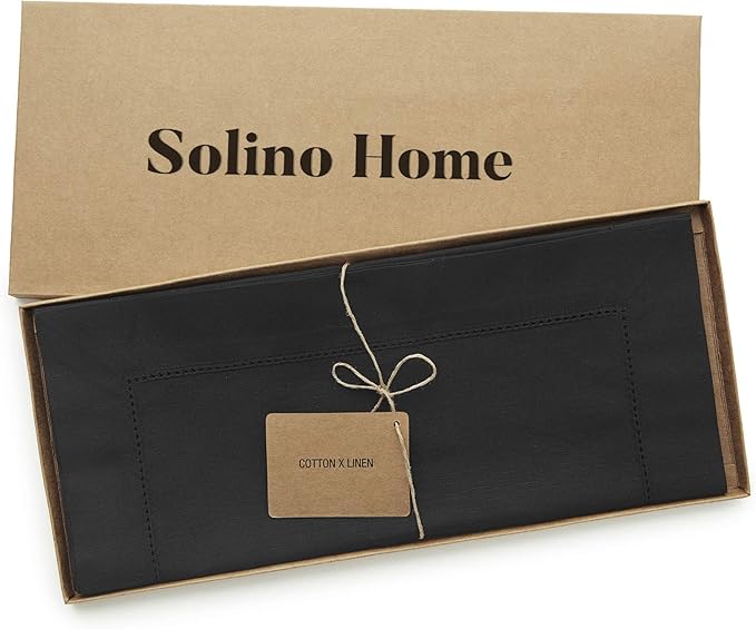 Solino Home Black Table Runner 36 Inches - Cotton Linen Hemstitch Coffee Table Runner 14 x 36 Inch Ideal for Dresser Tables - Summer, Fall, Autumn, Halloween