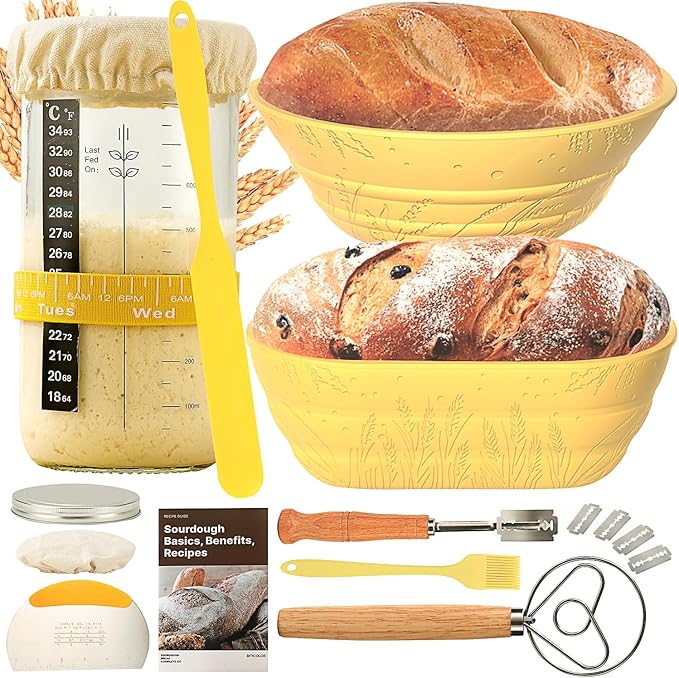 Sourdough Bread Baking Supplies 34 OZ Sourdough starter kit with 2 Bread Proofing Basket - Yellow