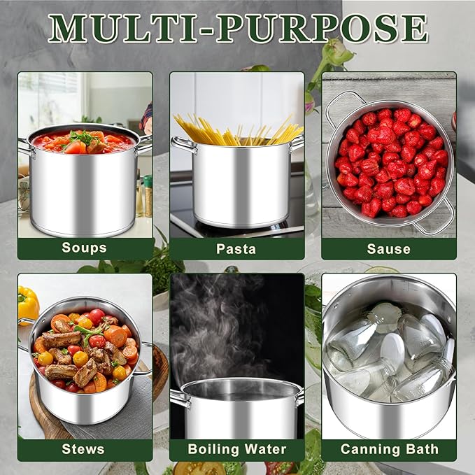 Leonyo Stainless Steel Stock Pot, 24QT Large Pot For Cooking, 18/10 Stockpot with Glass Lid for Stewing Simmering Boiling, Heavy-Duty 3-ply Bottom for All Stoves, Dishwasher Safe & Food Grade Cookware