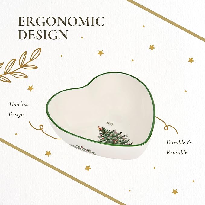 Spode Christmas Tree Heart Shaped Dip Bowl - 4.75-Inch Fine Earthenware Bowl for Dips, Sauces, and Condiments - Festive Holiday Decor and Christmas Gift - Classic Design, Dishwasher Safe