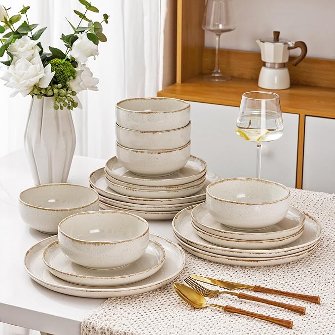 AmorArc Ceramic Dinnerware Sets, Wavy Rim Stoneware Plates and Bowls Sets, Highly Scratch Resistant | Dishwasher & Microwave Dishes set, Service for 6 (18pc)-Speckled Cappuccino