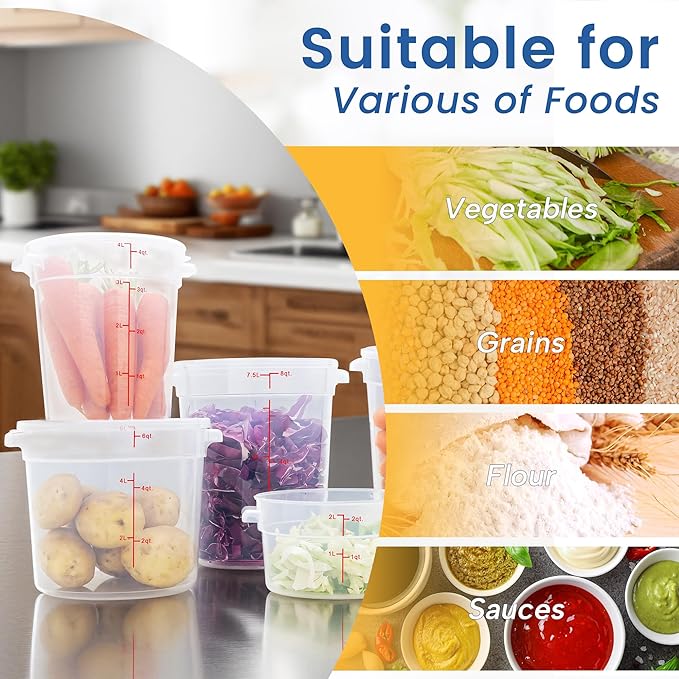 4 Pack 6QT Round Food Storage Containers with Lids, BPA-Free Polypropylene NSF Commercial Food Container, with Labels & Measuring Cup