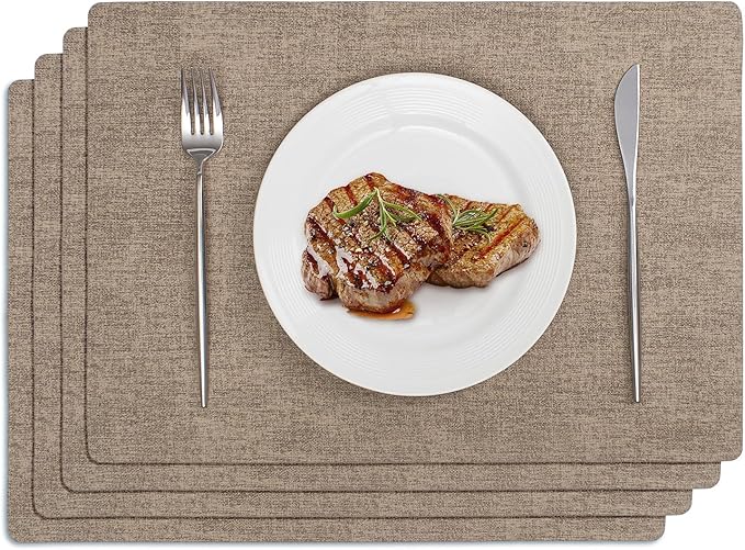 Softalker Vinyl Placemats Set of 4 - Faux Leather Heat Resistant Place Mats, 100% Waterproof Oilproof Wipe Clean Table Mats for Indoor & Outdoor Use, 17’’×12’’, Khaki
