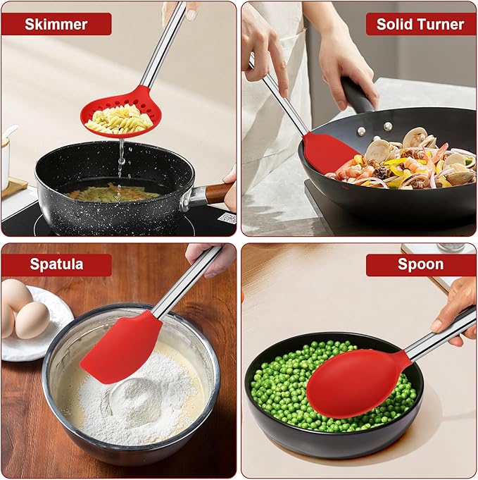8 PCS Silicone Kitchen Utensils, Vayvnt Large Cooking Utensils Set for Nonstick Cookware, Silicone Spatula Set Includes Spoons and Tongs, Kitchen Essentials for Cooking & Baking, Dishwasher Safe, Red