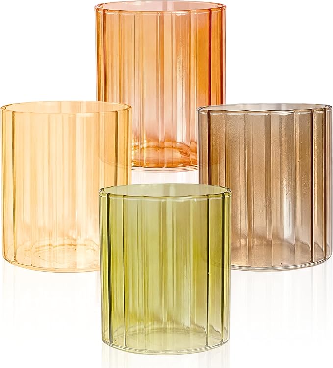 Fall Glassware Set of 4 14oz Ribbed Drinking Glasses for Autumn Table Décor Cozy Gatherings Thanksgiving Centerpiece in Warm Autumn Tones Perfect Hostess Gift