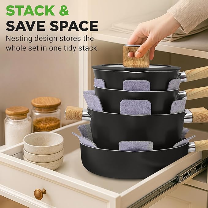 NutriChef 14-Piece Non-Stick Ceramic Cookware Set - Induction Safe Pots and Pans with Glass Lids, Cool-Touch Handles, Even Heat Distribution, Dishwasher Safe, Includes Ladle, Tong, Spatula (Black)