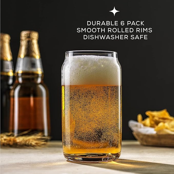 JoyJolt Drinking Glass Cups Set of 6-16oz Beer Can Glasses. Clear Soda Can Shaped Glass Cups, Cute Iced Coffee Cup Tumblers, Cold Drink Glassware, Unique Water, Tea, Cocktail Glass Set