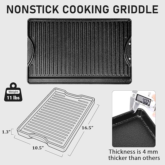 Utheer Nonstick Reversible Cast Iron Griddle 16.5" x 10.5", Ceramic Cooking Surface, Flat & Ribbed Sides, with High Sides & Grease Trap, Stovetop Griddle for Gas Grill, Charcoal, Oven & Outdoor BBQ