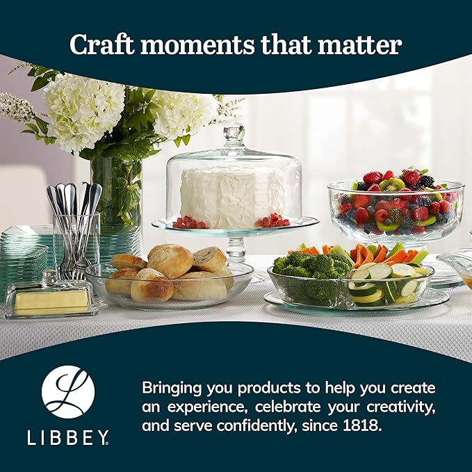 Libbey Selene Glass Cake Stand with Dome Lid, Elegant Curved Footed, Covered Cake Stand, Versatile Serving Dish for Variety of Desserts and More