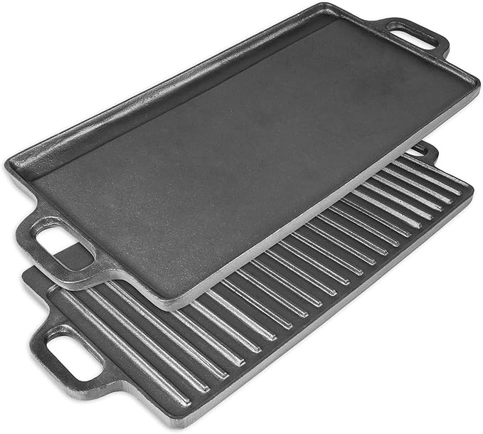 ProSource 2-in-1 Reversible 19.5” x 9” Cast Iron Griddle with Handles, Preseasoned & Non-Stick for Gas Stovetop, Oven and Open Fire.