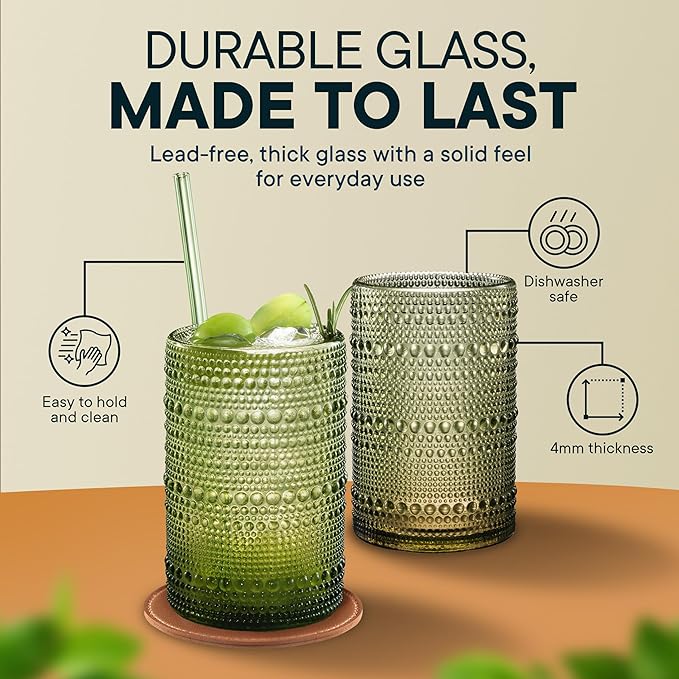 15 OZ Hobnail Drinking Glasses Set of 12 - Vintage Embossed Glassware, Textured Tumblers for Water, Beer, Cocktails & Whiskey – Includes Straws and Coasters – Green