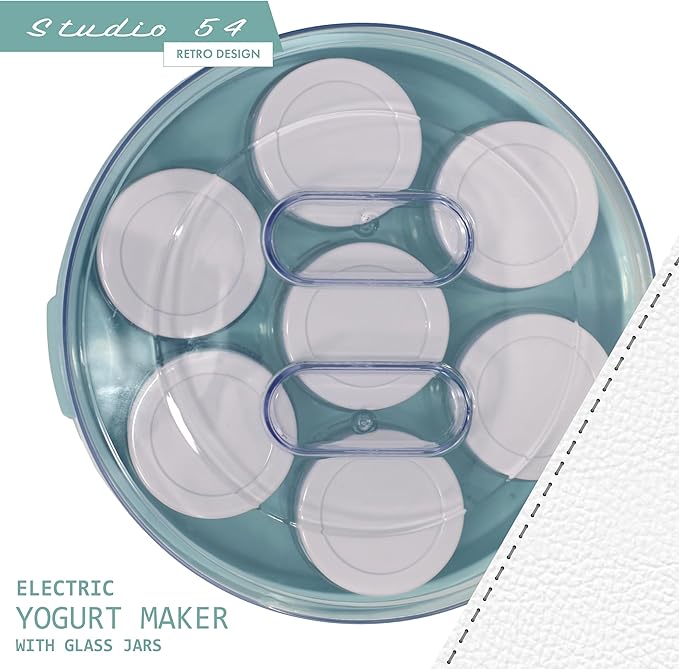 Studio 54 Yogurt Maker Machine with 7 Reusable Glass Jars (6oz Each), Probiotic Greek Yogurt Maker with Precise Time & Temperature Controls, Retro Blue Digital Yogurt Maker