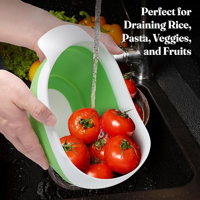 Kitchen Gizmo Collapsible Rice Strainer - Silicone Rice Washer Strainer Bowl - BPA Free - Space Saving Design - Lightweight and Easy to Clean - 5.5 to 3.15 Inches High - Green/Grey