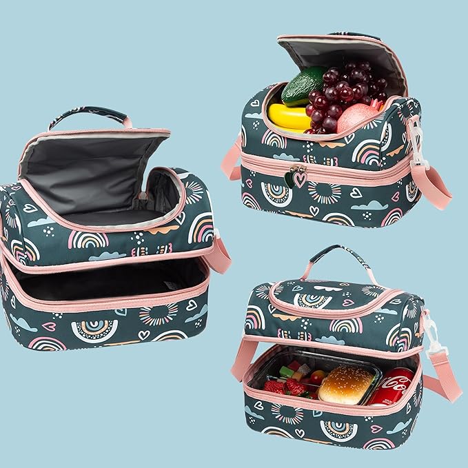 Insulated Kids Dual Compartment Lunch Bags Tote Pack for Girls Boys Toddler Kindergarten School Picnic Cooler Thermal Lunch Boxes with Strap (Green Rainbow)