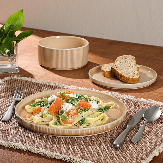 Gibson Elite Solana Coast 12 Piece Stoneware Reactive Glaze (Service for 4) Ceramic Plates and Bowls Modern Shape Embossed Dinnerware Set - Terracotta Orange